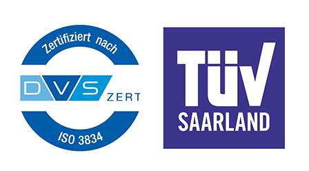 Logo von DVS-Zert und TÜV Saarland in Blau und Weiß.