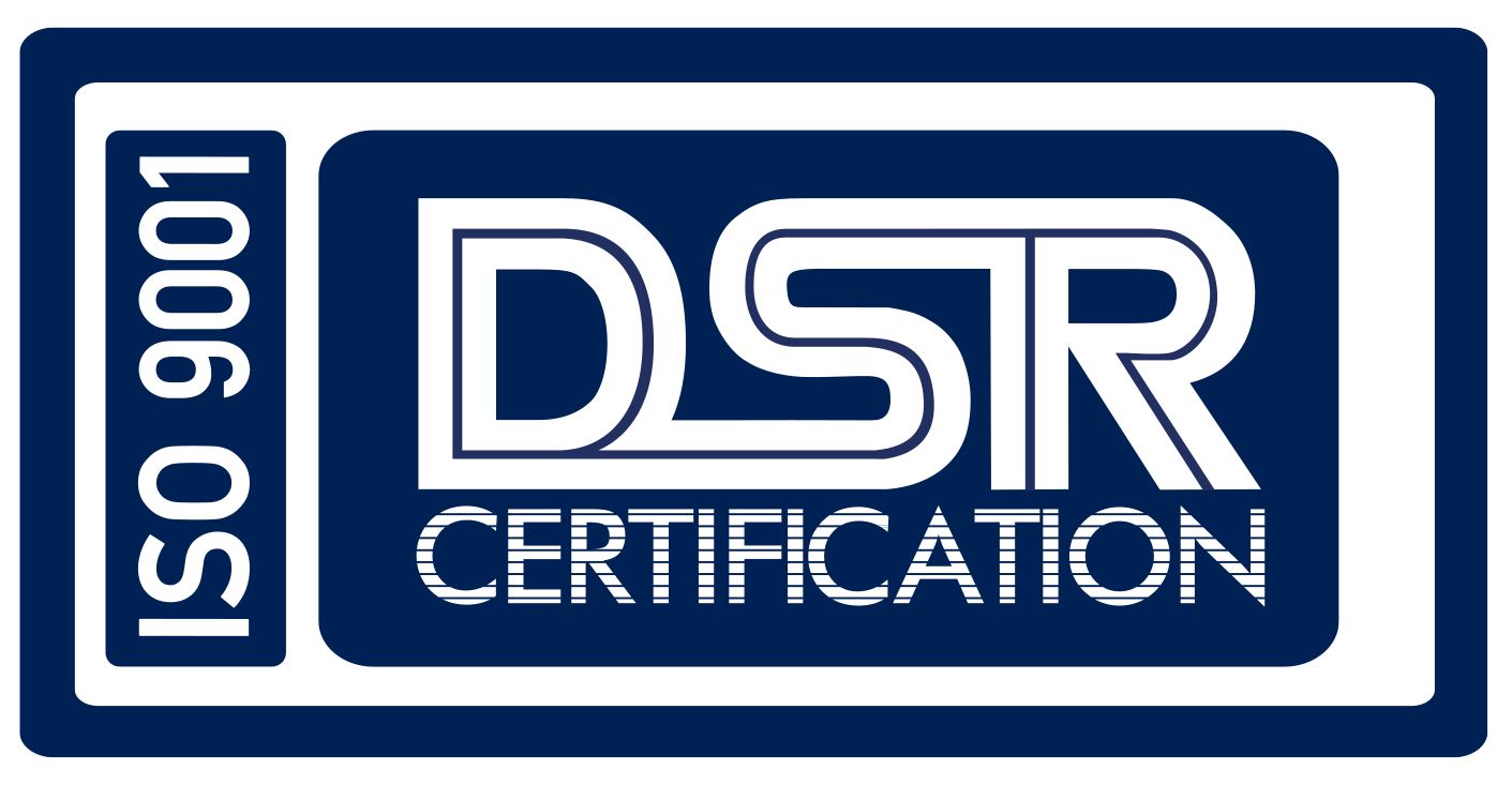 Blau-weißes Logo mit dem Text ISO 9001 DSR Certification und rechteckigem Rahmen